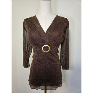 y2k Sheer Metallic Top V-Neck 3/4 Sleeve Party‎ Blouse with Ring Detail